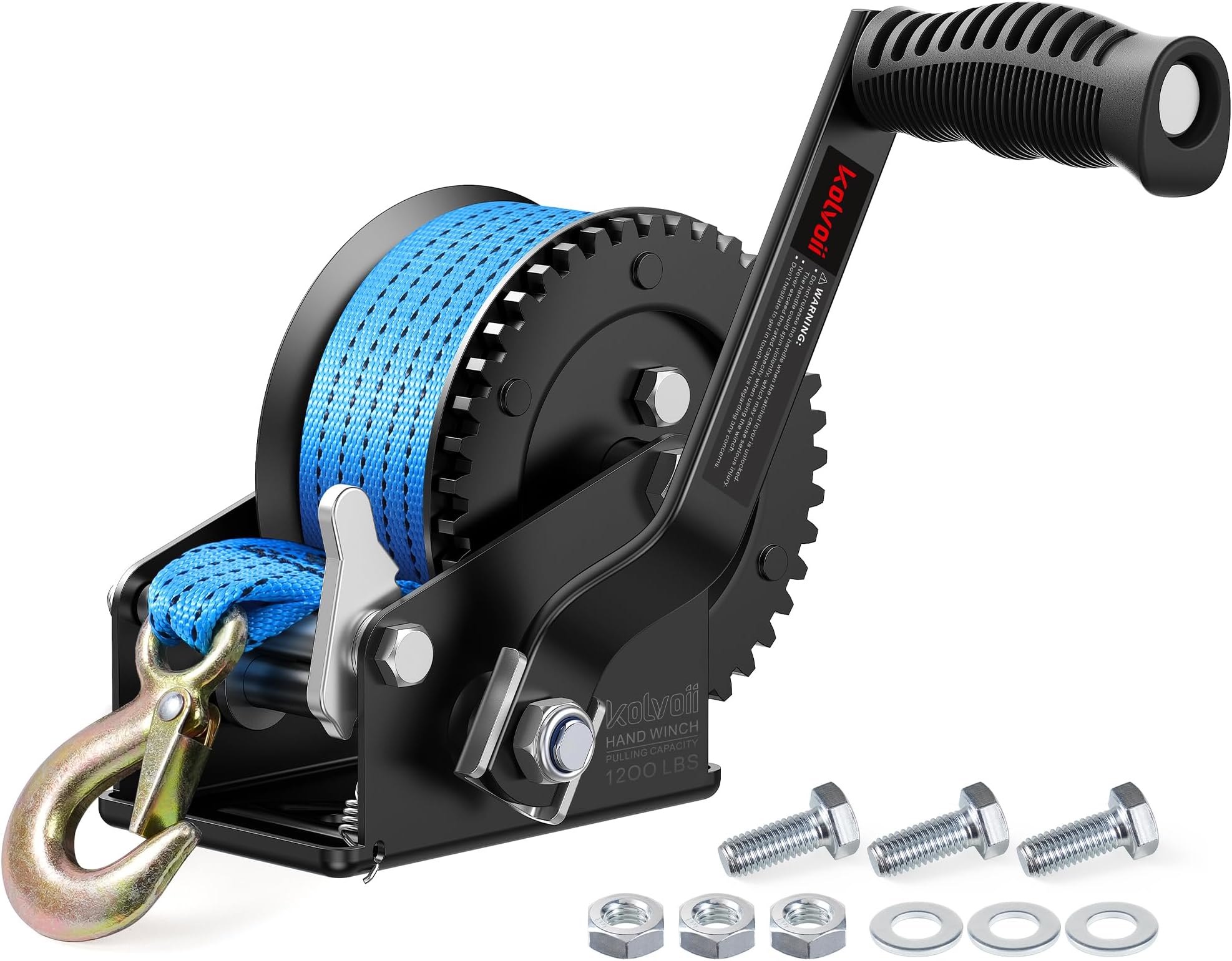 Kolvoii 1200 lbs Boat Trailer Winch with Strap, Portable Hand Winch, 2-Way Ratchet 4:1 Gear Ratio for Boat, Trailer, Marine and Jet Ski, 26FT Strap, Blue