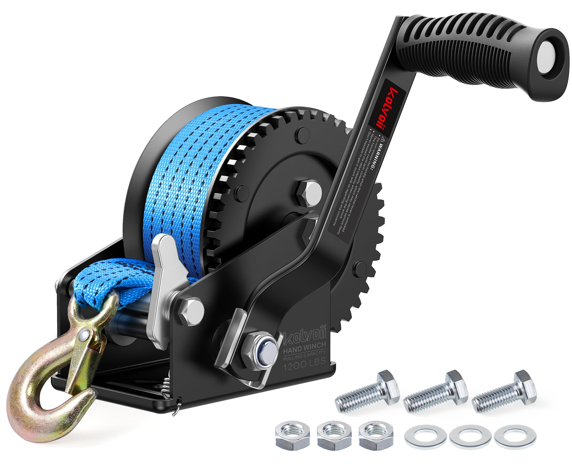 Kolvoii 1200 lbs Boat Trailer Winch with Strap, Portable Hand Winch, 2-Way Ratchet 4:1 Gear Ratio for Boat, Trailer, Marine and Jet Ski, 26FT Strap, Blue