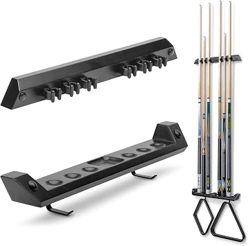 GoSports Wall Mounted Pool Cue Stick Holder - Holds 6 Billiards Cues and 2 Triangle Racks - Black