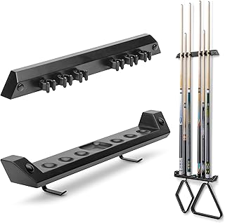 GoSports Wall Mounted Pool Cue Stick Holder - Holds 6 Billiards Cues and 2 Triangle Racks - Black