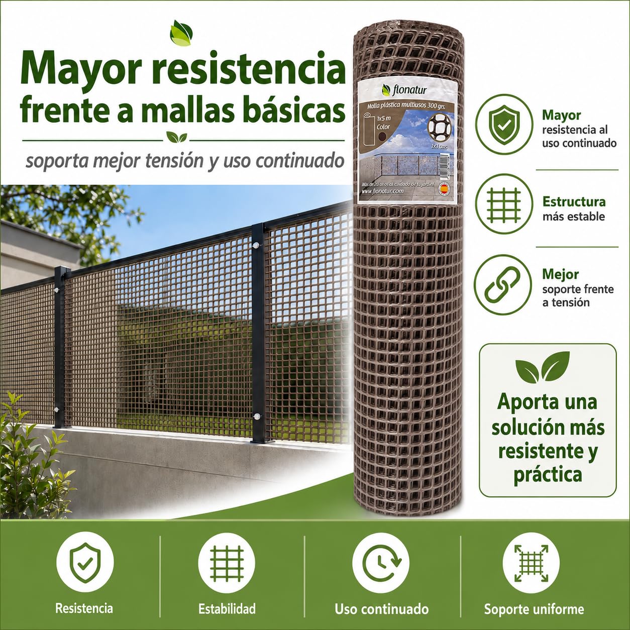 Malla de Plástico para Balcones y Terrazas 1x5m, Malla Rejilla Cerramientos de Color Marrón, Ancho del Cuadro 1x1 cms, Peso 300gr/m2
