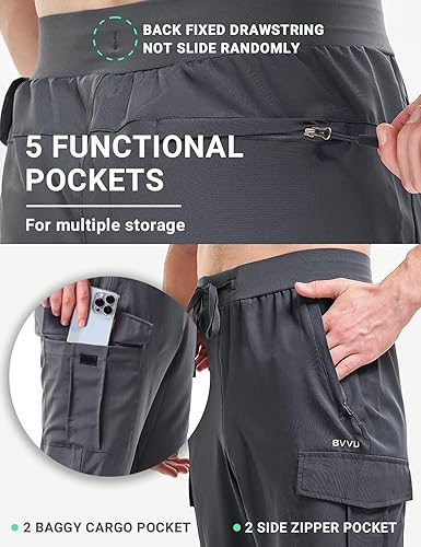 Miniatura 2 de BVVU Pantalones deportivos ligeros tipo cargo para hombre con bolsillos con cremallera para hombre, secado rápido, gimnasio, entrenamiento,