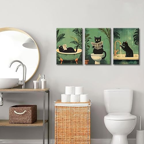 Miniatura 7 de 3 piezas divertidas de lienzo de baño de gato negro, arte de pared vintage de gato lavado sus patas de lectura pósteres de periódicos impresiones