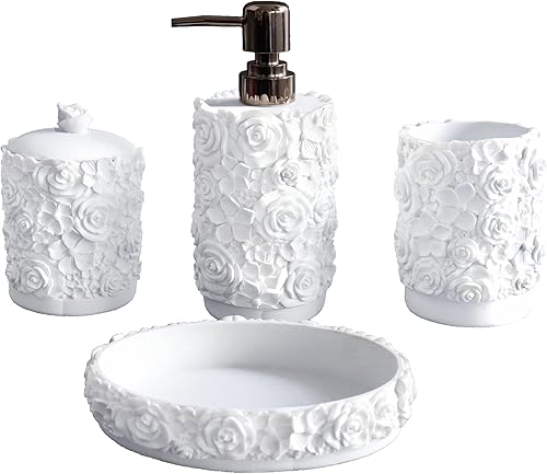Hymmah Juego de accesorios de baño, juego de baño con diseño de rosa, decoración de baño de granja, juego de regalo de resina de 4 piezas para
