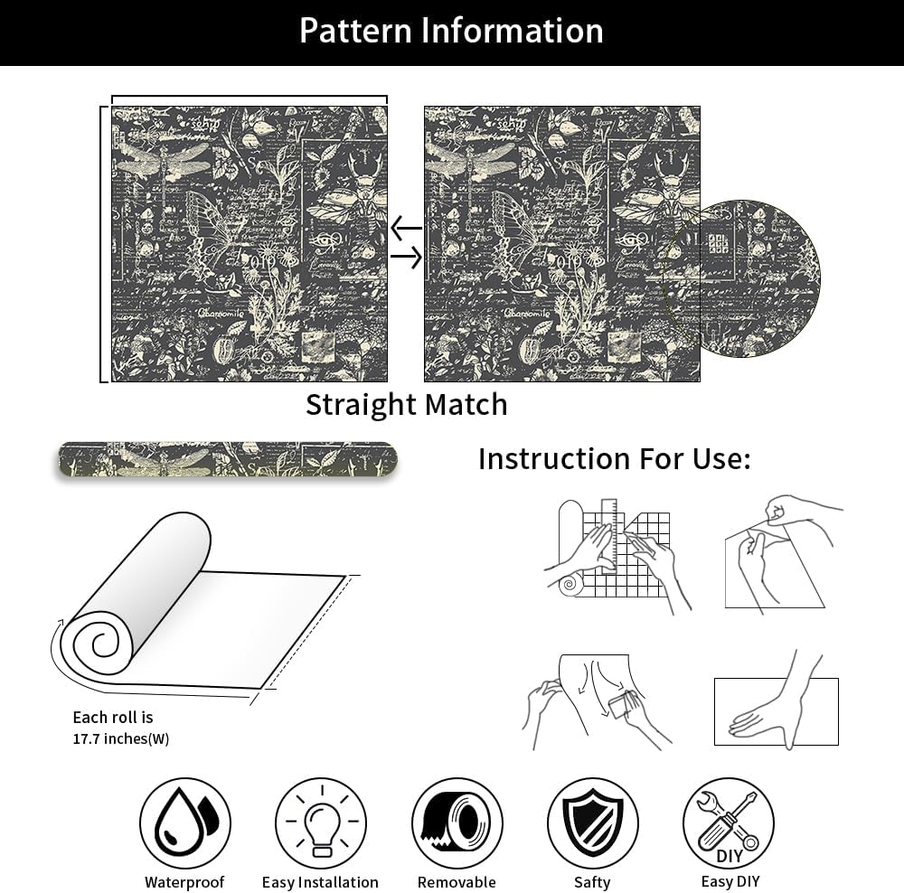 REDAMANCY Ash Black Grey Insects Animals Speimen Sketch Abstract Art Modern Peel and Stick Wallpaper Stick on Contact Paper Wall Paper Easy Peel Off for nightstand Drawer Cabinet Renter