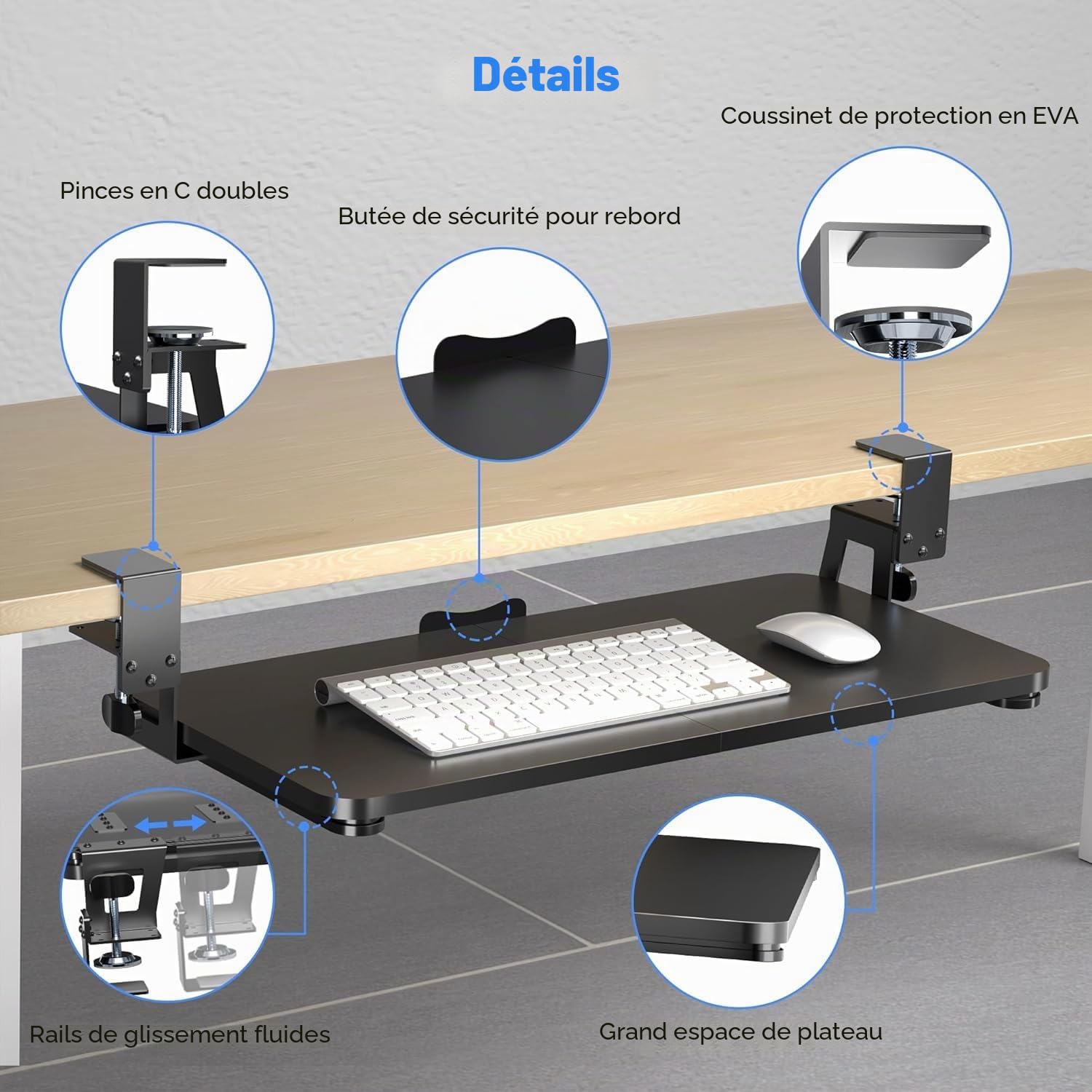 XINLEI Plateau de clavier sous le bureau - Grande pince en C - 65,5 cm (75,6 cm avec les pinces) x 31,1 cm Plateau coulissant pour clavier et souris DSF4 (75,6 cm)
