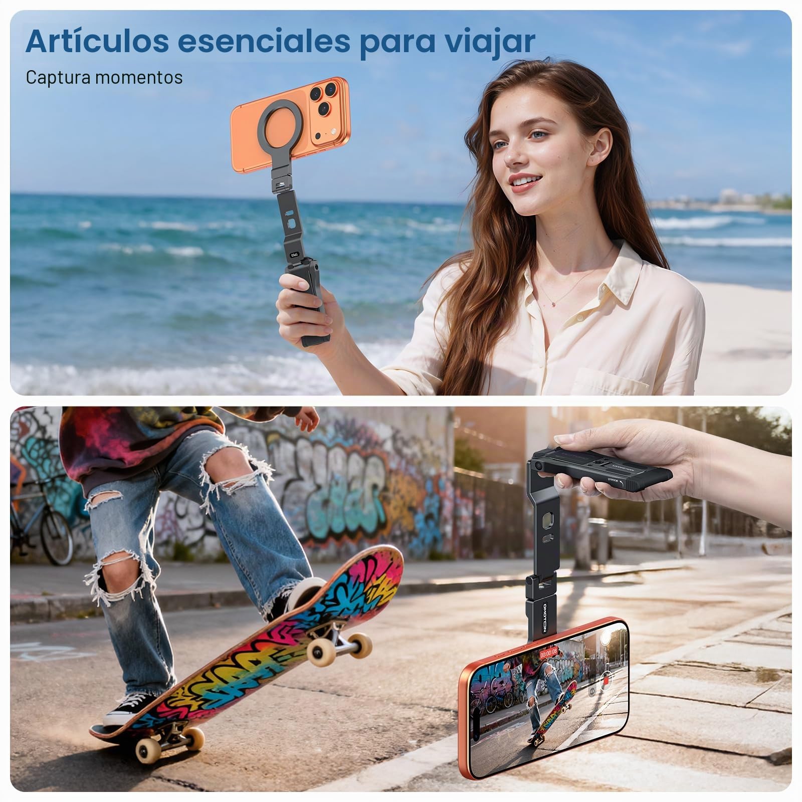 OMOTON TP03 Trípode Giratorio 360° para MagSafe, Trípode Magnético Ultradelgado con Tornillo de 1/4" y Gancho, para iPhone 17/16/15 Pro MAX, Soporte Plegable para Teléfono para Vlog, Gimnasio, Viaje