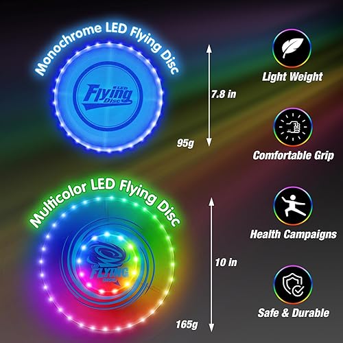 Miniatura 7 de Paquete de 2 discos voladores iluminados para niños, discos recargables con 45 LED, 14 modos de iluminación (10 pulgadas) y disco de batería
