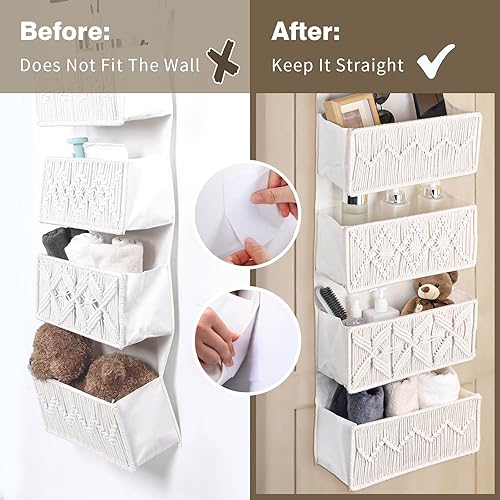 Miniatura 3 de Organizador de macramé para colgar sobre la puerta, con 4 bolsillos grandes tejidos, cesta colgante para baño, cuarto de bebé y puertas de armario,