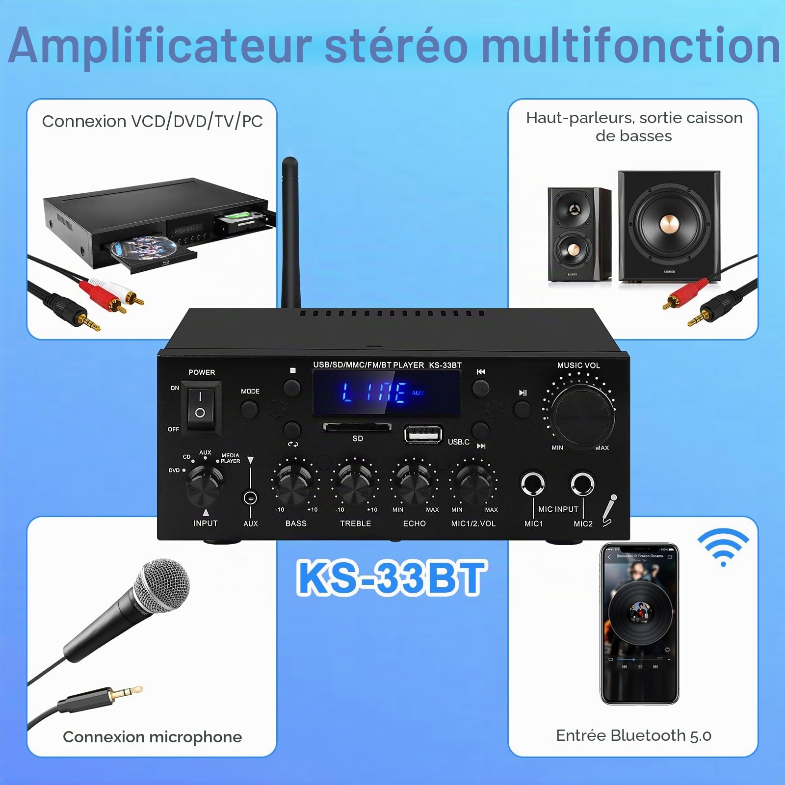 Amplificateur Audio Domestique,KS-33BT Bluetooth 5.0 HiFi Amplificateur,RMS 60Wx2 Max400Wx2 Récepteur d'Amplificateur Stéréo W/echo,USB/SD/AUX/BT.C/FM Microphone pour Home Cinéma,Voiture,Fête,Karaoké