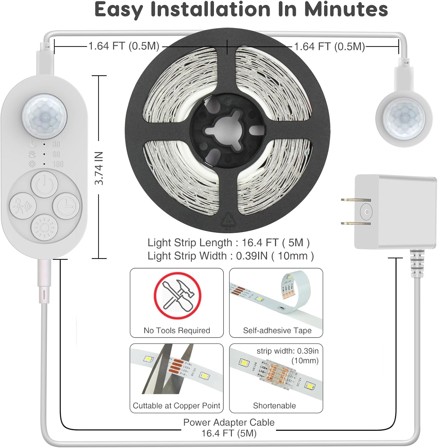 Dual Sensor Stair Lights Indoor, Motion Activated Plug-in Step Light Strip Indoor with Dimmer, Delay Timer for Stairway (Warm White 3000K (16.4FT Light Strip), Power Adapter (16.4FT Cable))