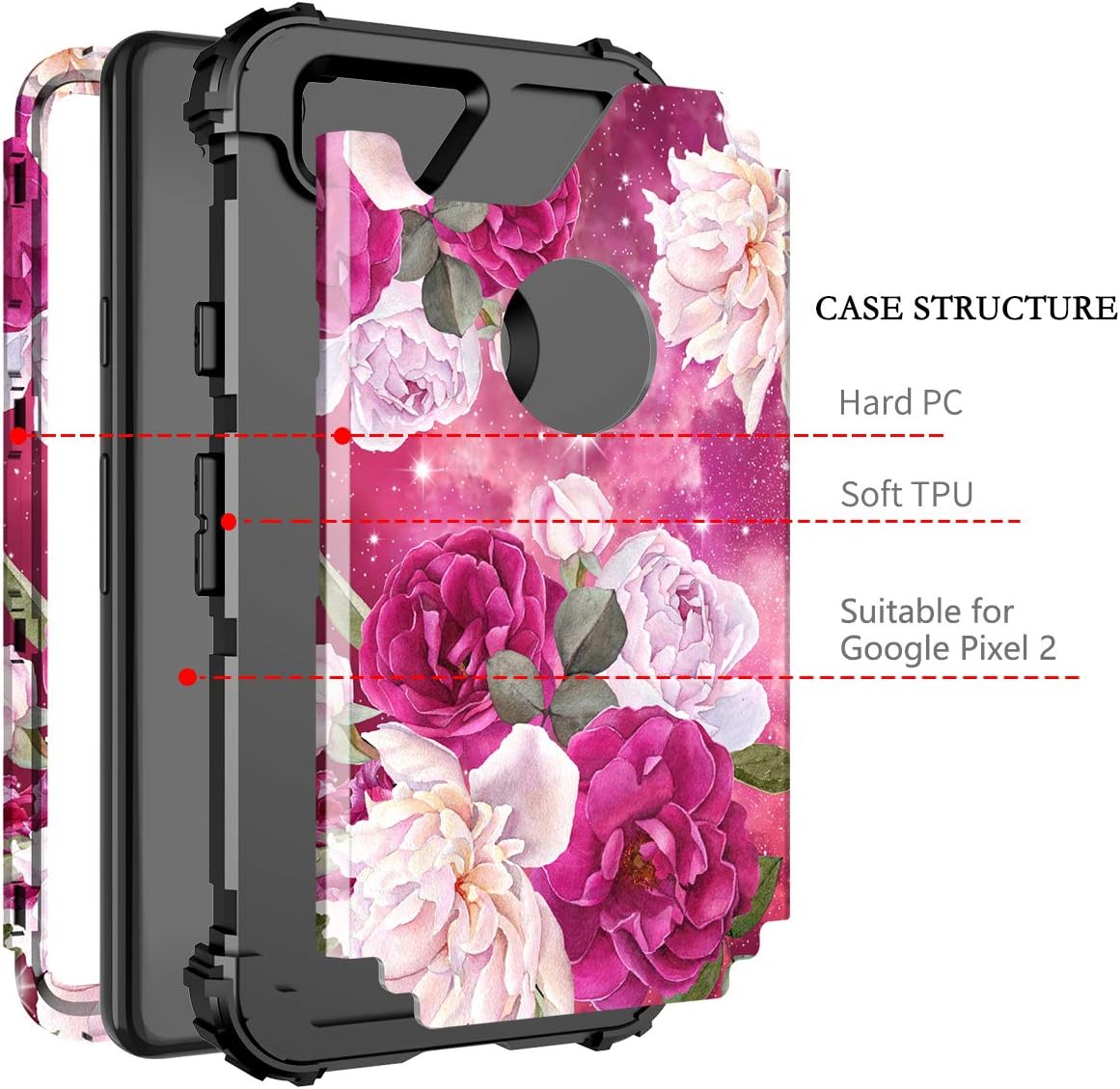 Casetego Compatible with Google Pixel 2 Case,Floral Three Layer Heavy Duty Hybrid Sturdy Shockproof Full Body Protective Cover Case for Google Pixel 2,Rose Red/Black
