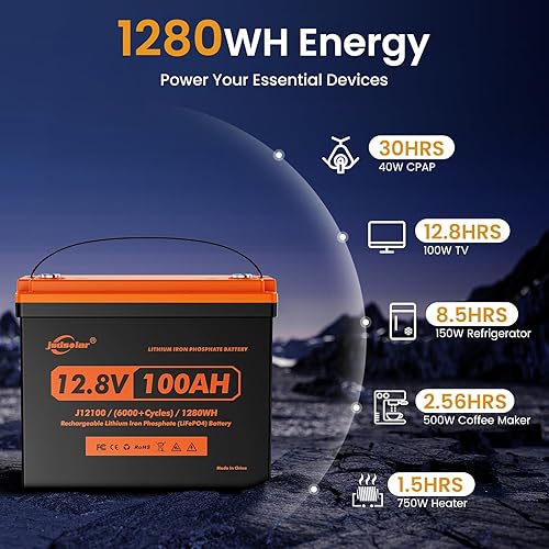 Miniatura 6 de Batería LiFePO4 de litio premium de 12 V 100 Ah de vida útil de 10 años, 8000-15000 ciclos profundos, carga rápida, BMS integrado de 100 A, perfecta