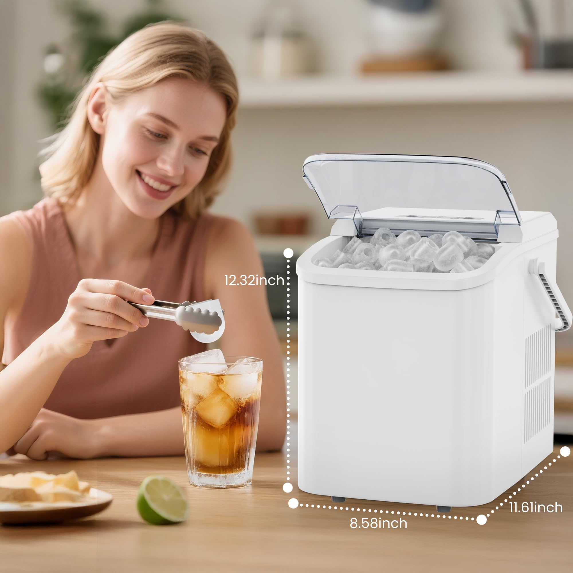 Dumos Countertop Ice Maker With Handle, 26lbs/24h Portable Ice Machine, 9 Bullet Ice Cubes Ready In 6 Mins, Self-Cleaning, Quiet Compact Ice Maker For Home, Kitchen, RV, Camping, White on Fridge.com - View 2