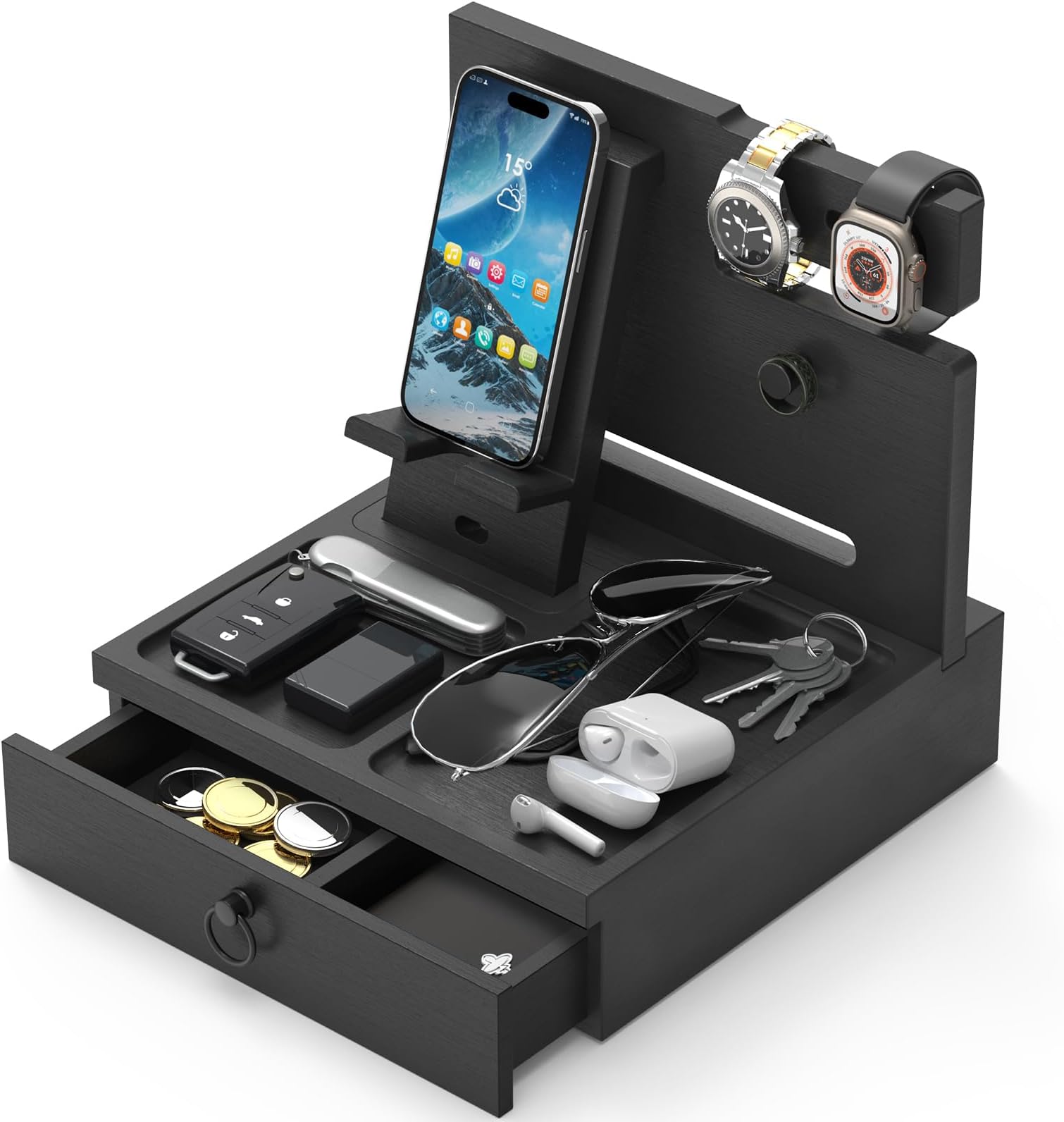 Wood Phone Docking Station, Nightstand Organizer with Drawer, Bedside Table Organizer for Watch & Accessories, Christmas Anniversary Birthday Gifts for Men,Dad,Husband