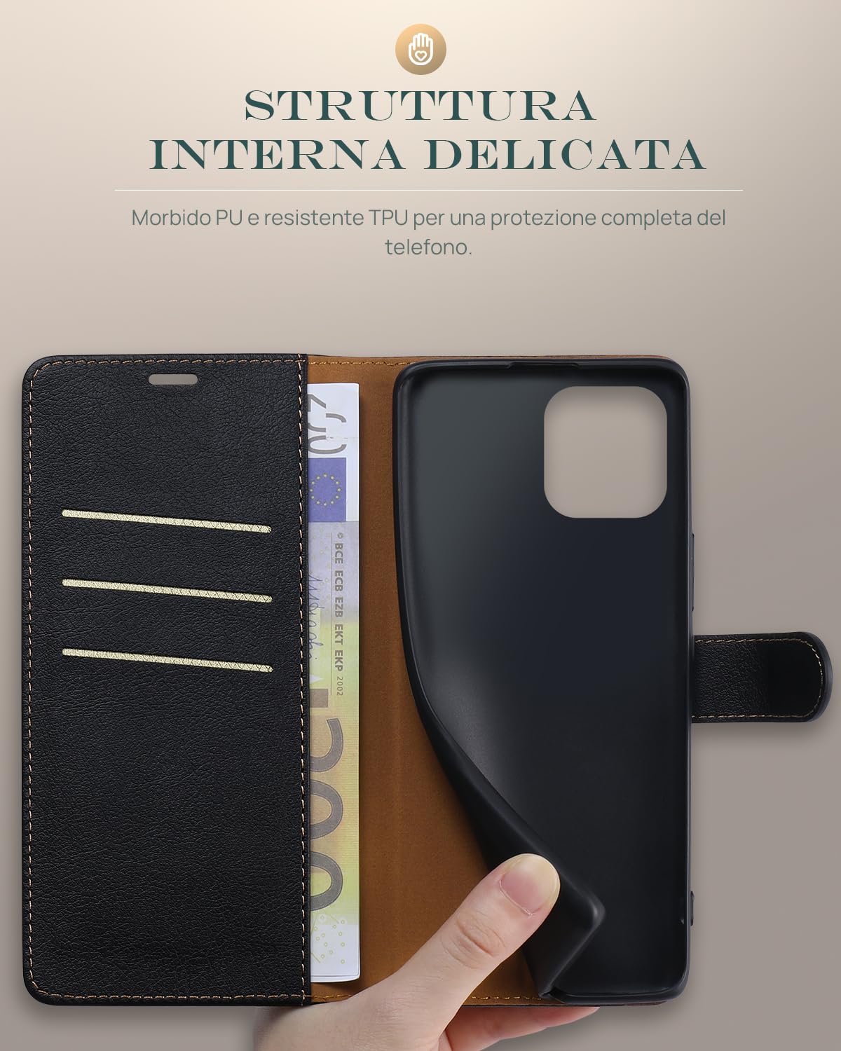 Focusor Cover a Libro iPhone 15 Pro con Pellicola Protettiva, Custodia in Pelle Magnetica, Portafoglio Sintetica TPU Antiurto, Funzione Supporto Slot Schede, Nero
