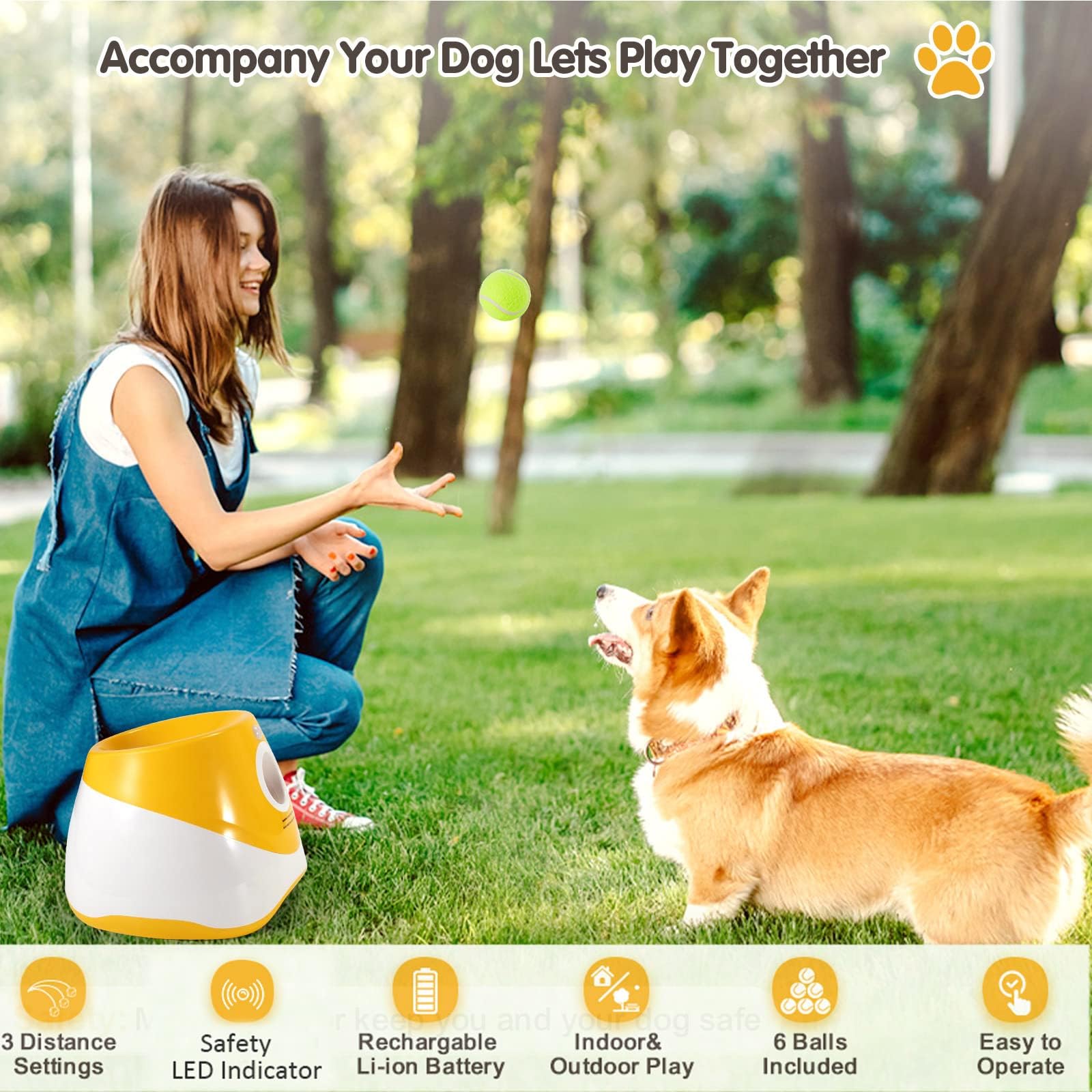 AutomaticDog Lanceur de balle pour chien, distance de 3 à 9 m, lanceur de balle rechargeable par USB, indicateur LED, jouet pour chien, 6 mini balles de tennis (5,1 cm) pour petits chiens, orange