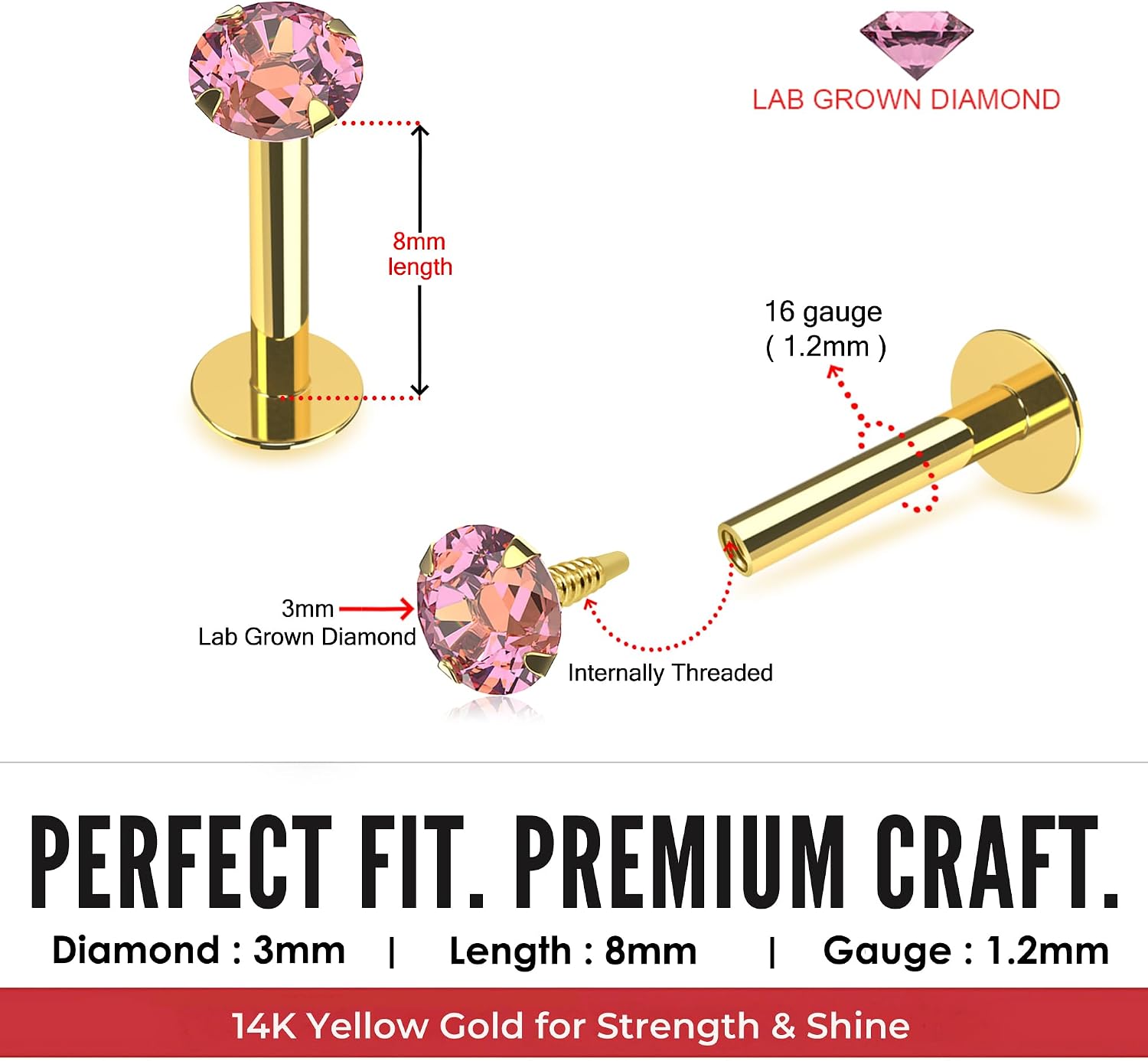 Pink Lab Grown Diamond Internally Threaded Top 14K Solid Yellow Gold 16 Gauge - 8mm Length Lip Labret - Tragus Bar Piercing - Labret Stud Helix - Tragus Piercing Jewelry