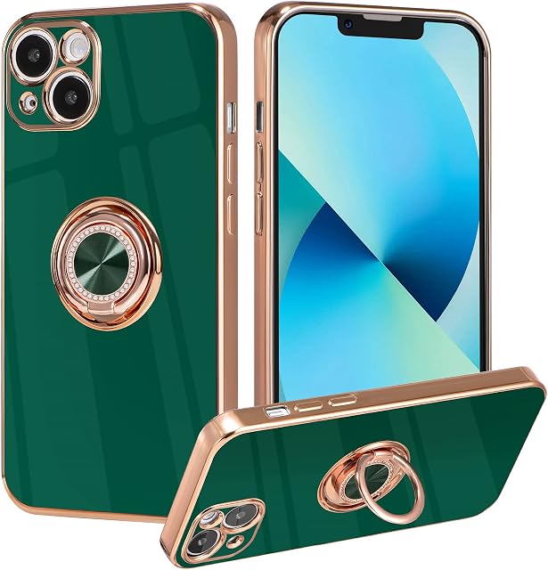 ZCDAYE Case for iPhone 13, iPhone 13 Phone Case with Magnetic Ring Holder Stand,Gold Edge Electroplated Soft TPU Shockproof Case Cover for iPhone 13- Green