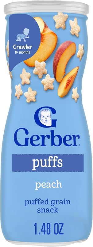 Gerber Stage 3 Peach Puffs, 1.48 Oz, 6 Pack | Stage 3 baby snack; peach puffed grain puffs; baby led feeding; iron and choline; 6 x 1.48 oz canisters