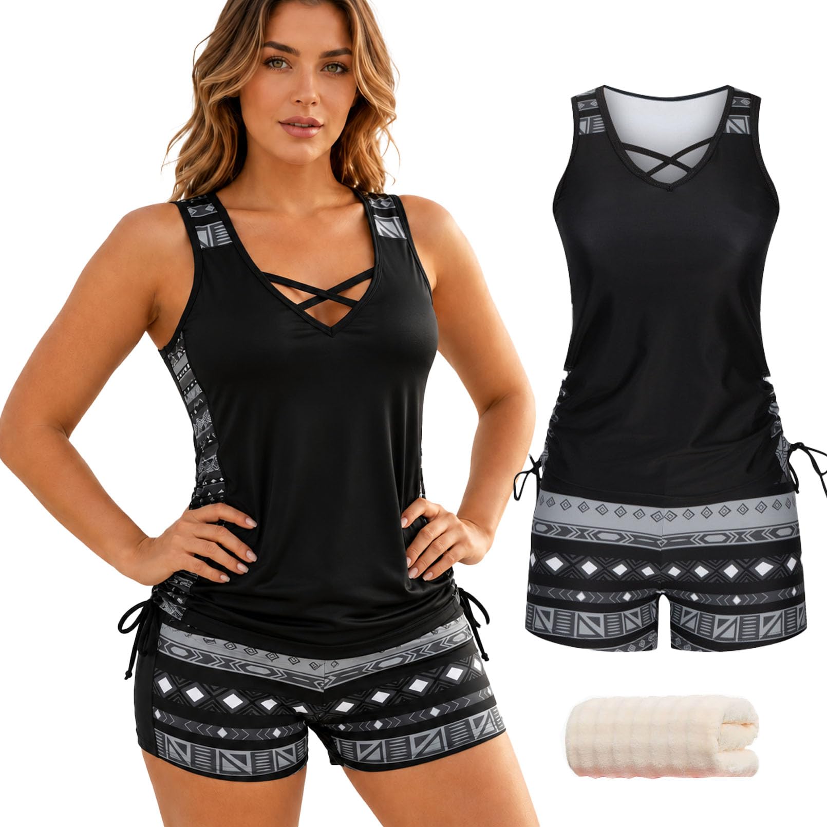 Tencipeda Women's Plus Size Tummy Control Tankini Set with Built-in Bra, Flattering Boho Swimwear with Shorts, Quick-Dry (Black,XL)
