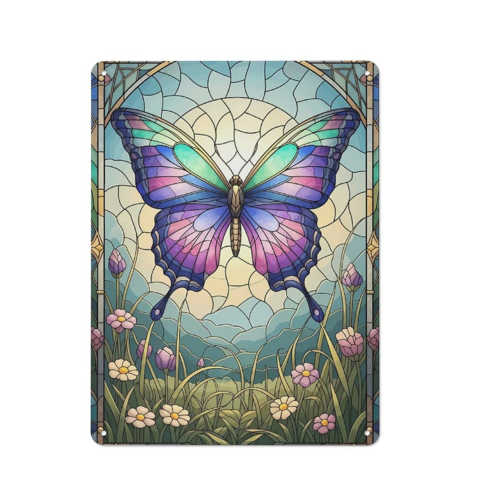 Junmoney Style Metal Wall Plaque With Stained Glass Butterfly In Floral Meadow Design 40X30cm, Simple Retro Studio Wall Plaque For Hobby Room, Office, Lounge Or Living Room