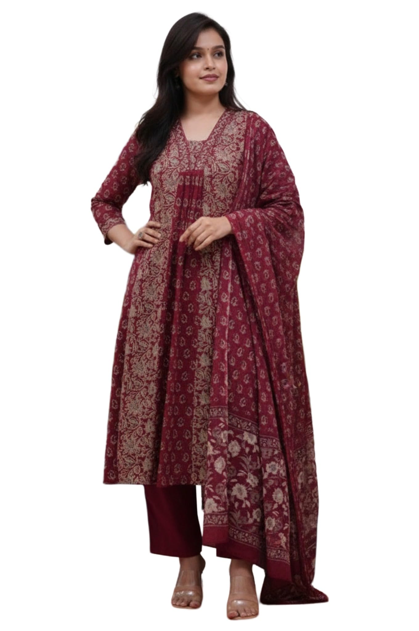 ANNI Designer Anarkali Kurta mit Hose und Dupatta für Damen, Rayon-Viskose, bedruckt