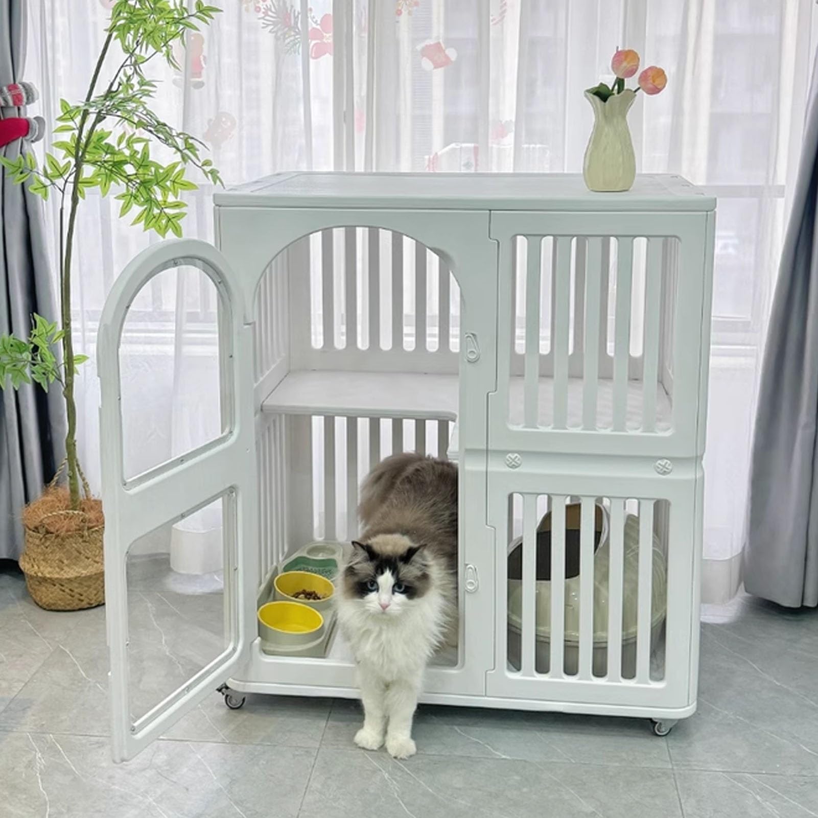 Box per animali domestici a due strati con lettiera e ruote per uso interno