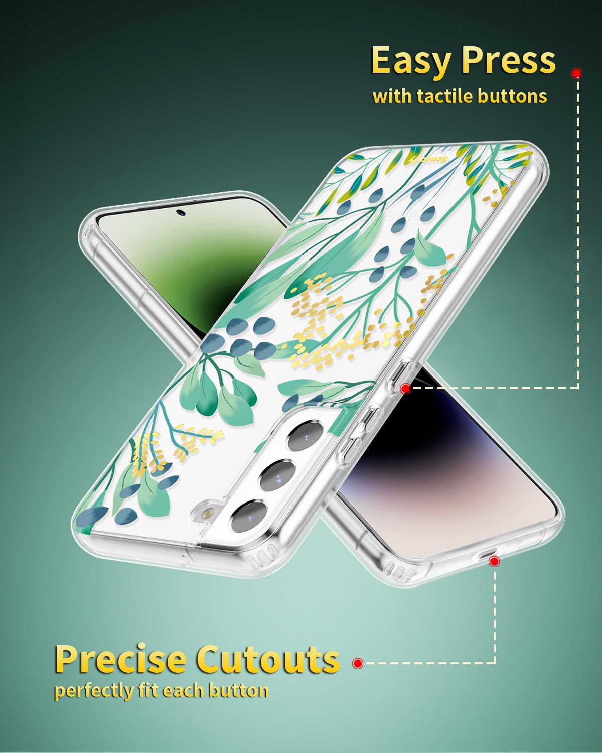 SCORPIFY Compatible with Samsung Galaxy S22 Plus Case for Summer Meadow Floral Design, Cute Clear Flower Phone Cover for Women Girls [Non Yellowing] Slim Shockproof Bumper with Gold Accents