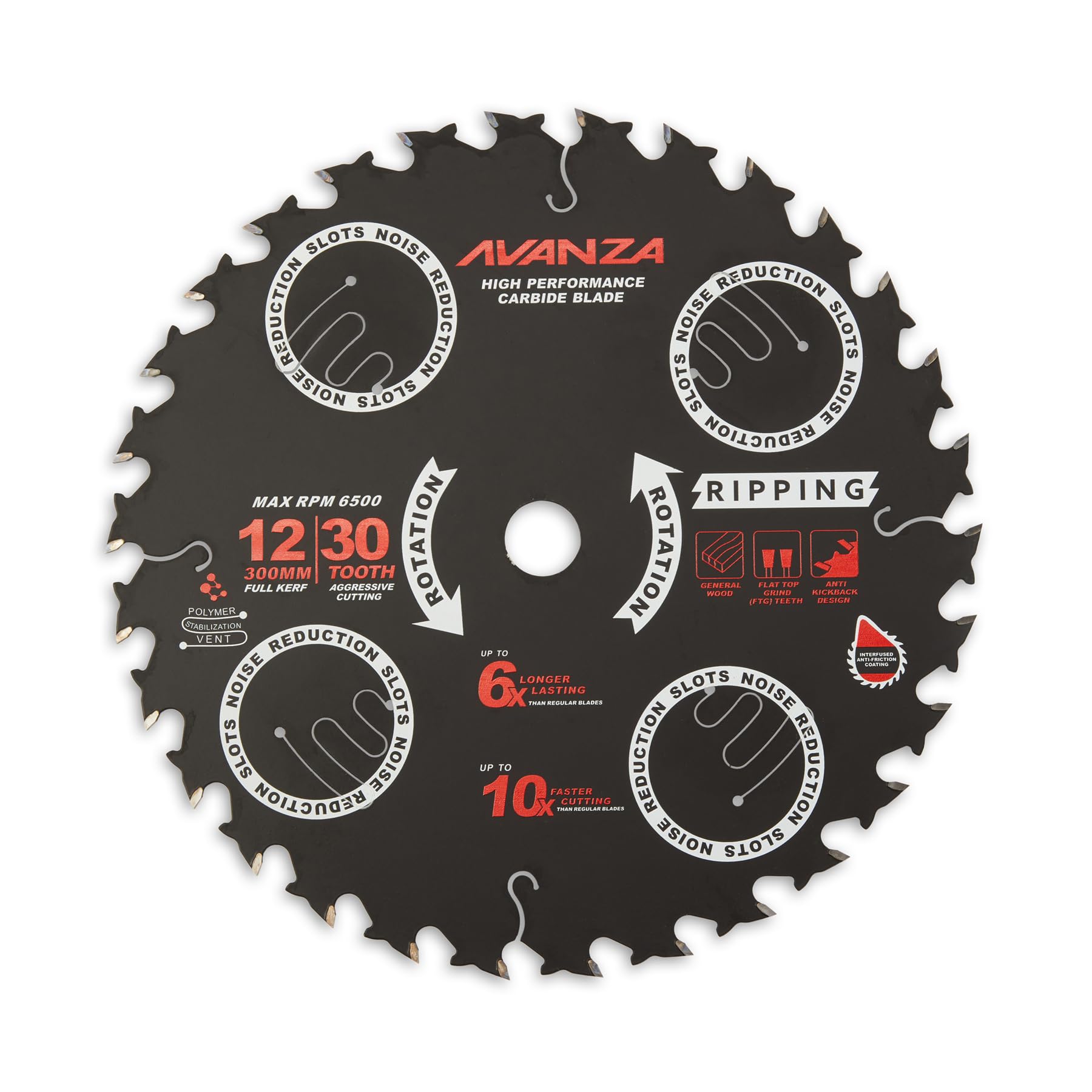 Avanza Full-Kerf TCT Saw Blade 12 X 30. Best suited for ripping woods and framing purposes. SUPER FAST! DuraShield™ coated and Anti-Vibration Technology in-built.