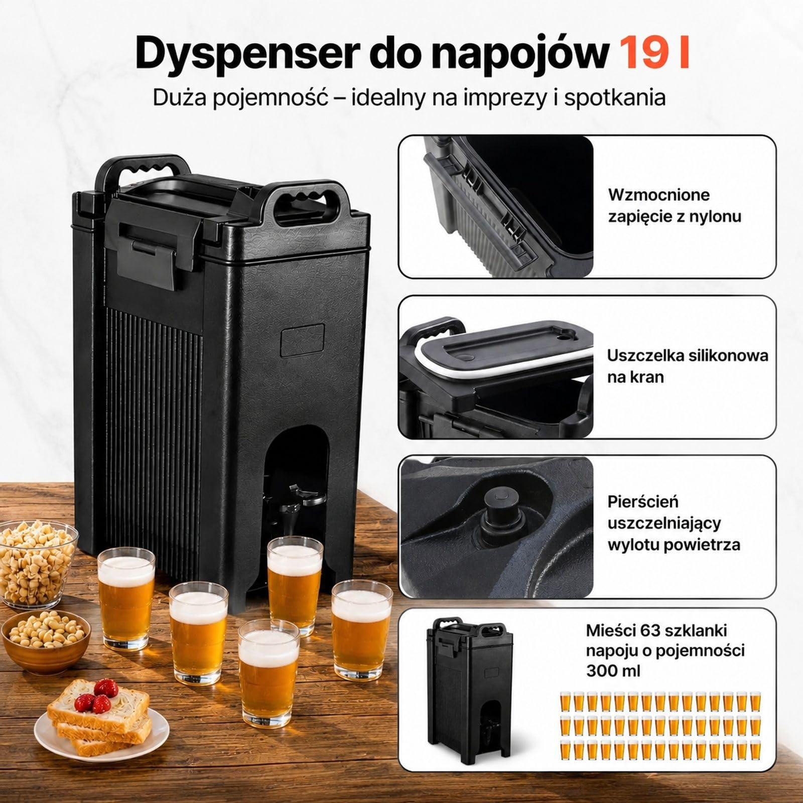 Dozownik napojów 18,9 l z LDPE z kranikiem i uchwytami do kawy, mleka, wody oraz soku