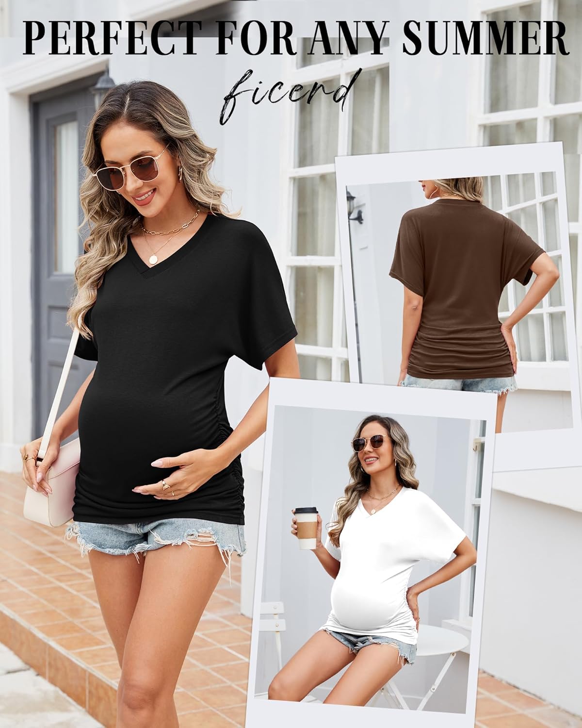 Ficerd 3 Packs Womens Maternity Shirts V Neck Dolman Short Sleeve Loose Side Ruched Tunic Tops Pregnancy Clothes - Image 6