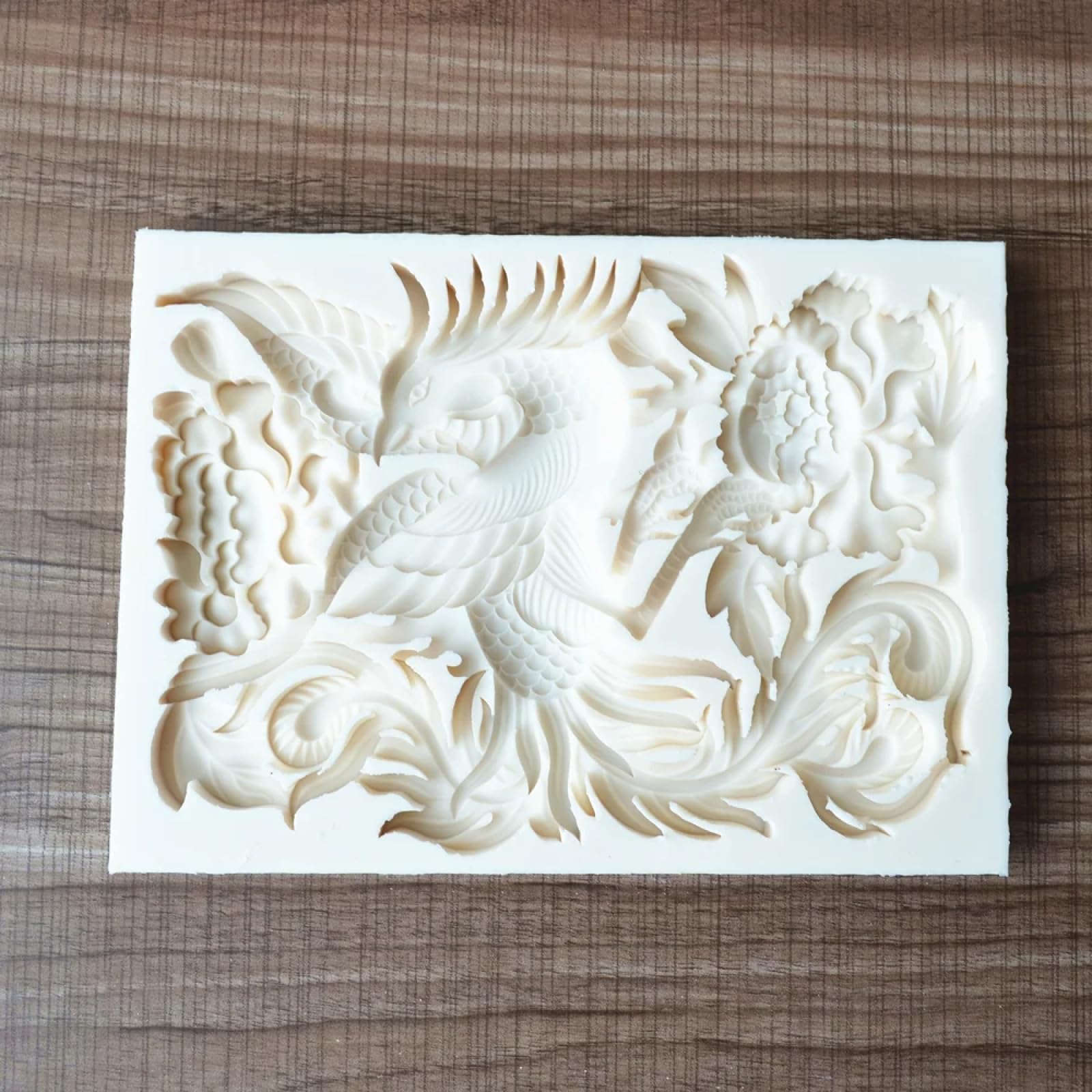 Molde de silicona para hacer fondant, 21 x 15 x 1,6 cm, molde de silicona para fondant, pasteles, chocolate, herramientas de decoración grande, estilo chino, fénix, peonía, alivio de peonías, moldes
