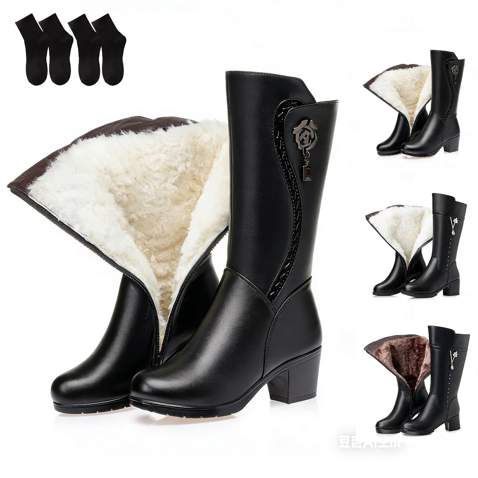 2026New Womens Wool Lined Warm Winter Anti Slip Zip Chunky Heel Fashion Classic Mid-Calf Boots With Decorative Rhinestones