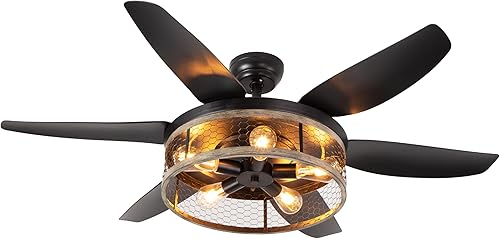 Miniatura 1 de Ohniyou Ventilador de techo rústico con luces y control remoto, ventilador de techo rústico de 52 pulgadas con lámpara enjaulada, ventiladores de
