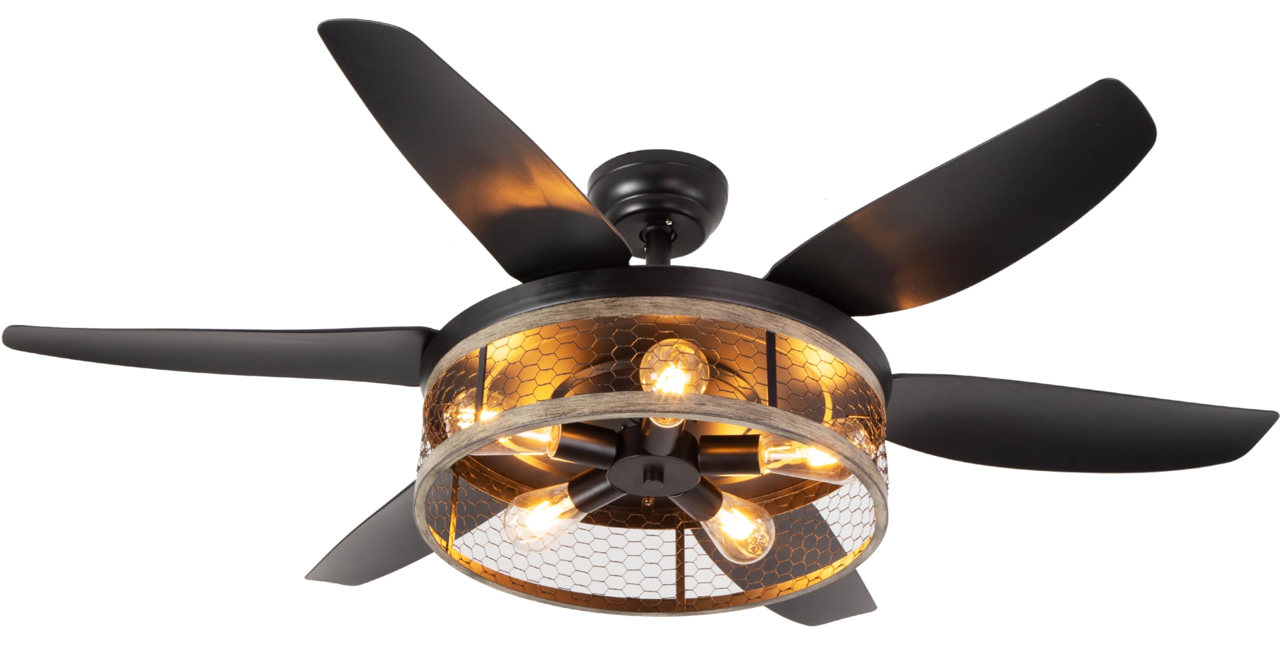 Ohniyou Farmhouse Ceiling Fan with Lights and Remote,52 inch Rustic Ceiling Fan with Caged Light Fixture, Retro Black Outdoor Ceiling Fans for Patio,