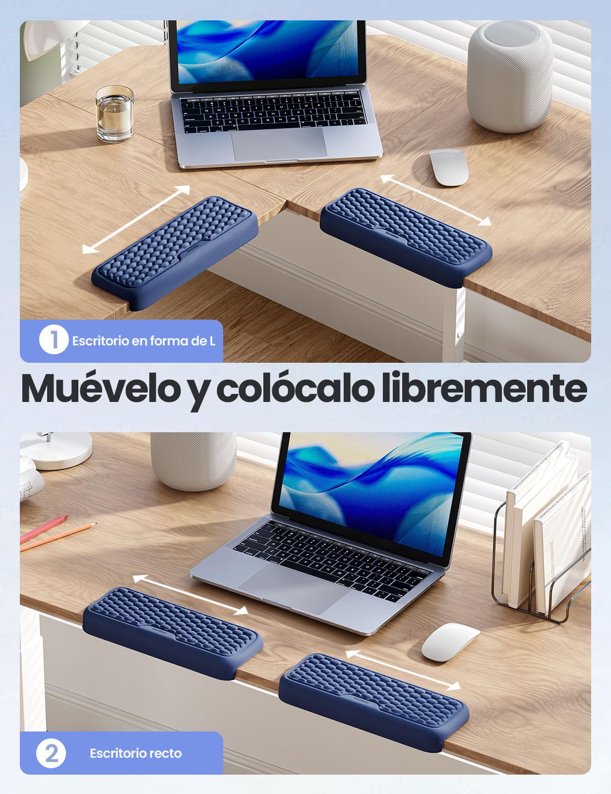 VAYDEER Juego de 2 Almohadillas de Codo en Forma de L — Cojines Reposamuñecas con Espuma Viscoelástica para Borde del Escritorio, Soporte Ergonómico para Muñeca y Antebrazo, Base Antideslizante (Azul)