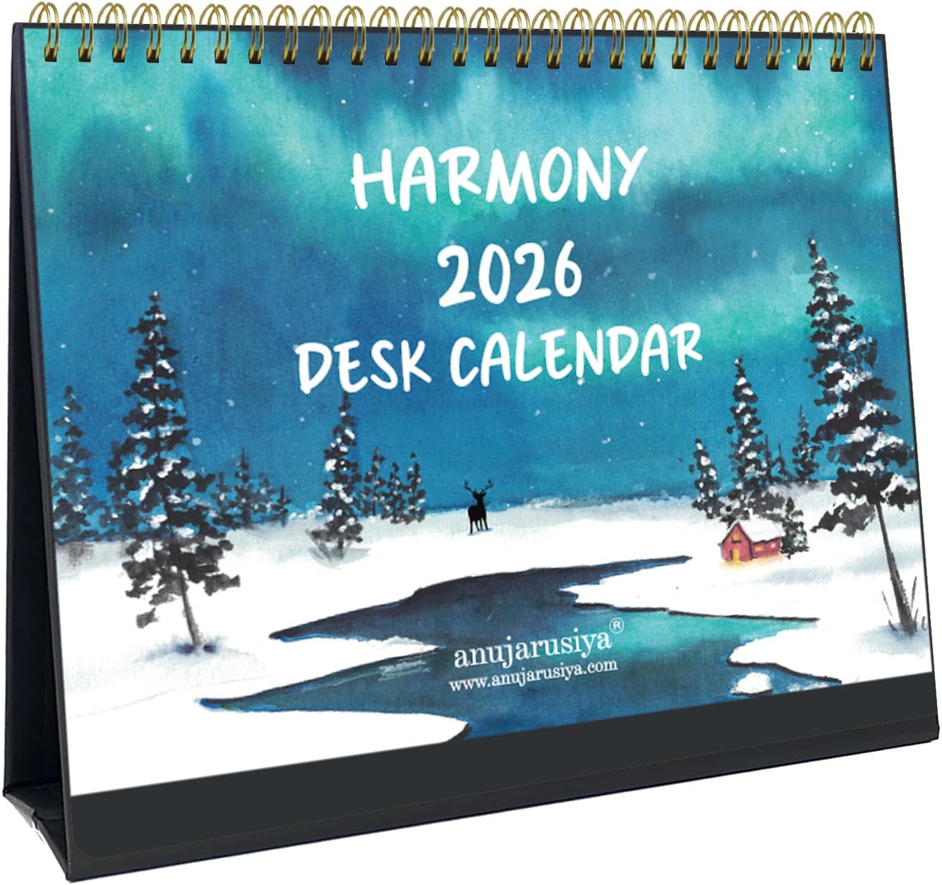 anujarusiya Harmony Desktop Calendar 2026 | Printed Watercolor art with quotes | Golden Twin Wiro | 8.75" X 7.5" | functional with notes space and 1 sticker sheet | Perfect Table Calendar for Study desk