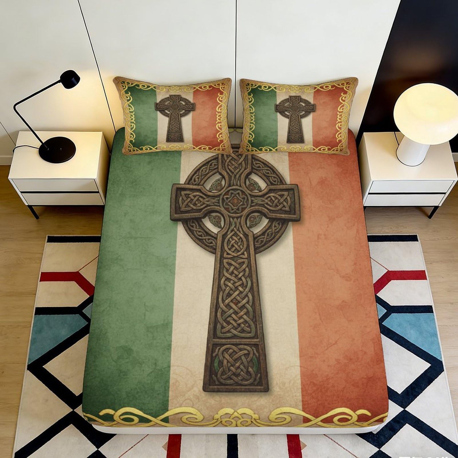 Pnayamiorkfel Style-7 3D Printed Celtic Cross Irish Flag Fitted Sheet Microfiber Non Slip Bed Cover For Bedroom Dorm Decoration 90X200x25cm