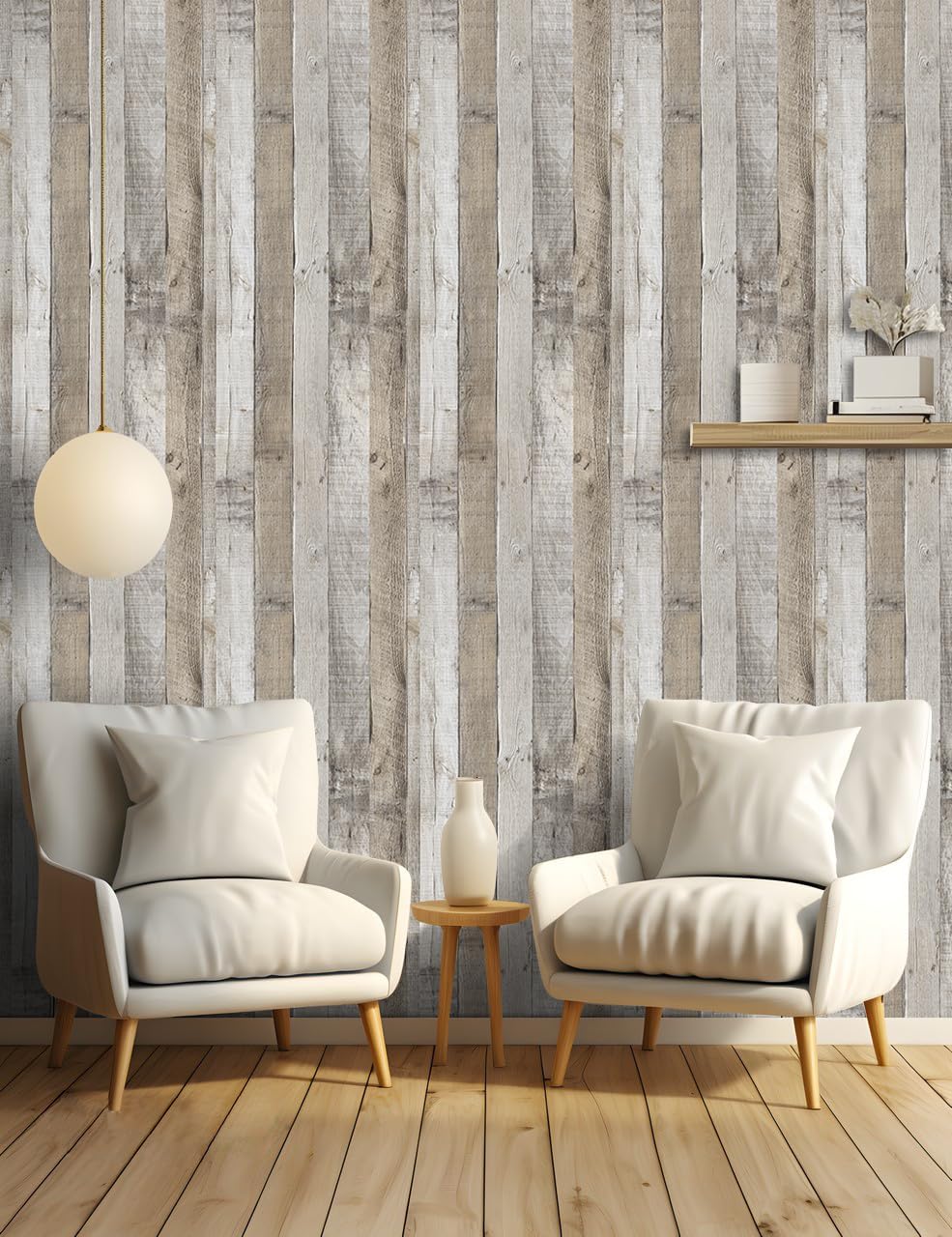 LXCREAT Faux Wood Butcher Block Contact Paper, Shiplap Peel and Stick Wallpaper Wooden Planks for Walls 17.5"X118", Natural Grey Self Adhesive Removable Rustic Wallpaper for Shelf Kitchen Decoration