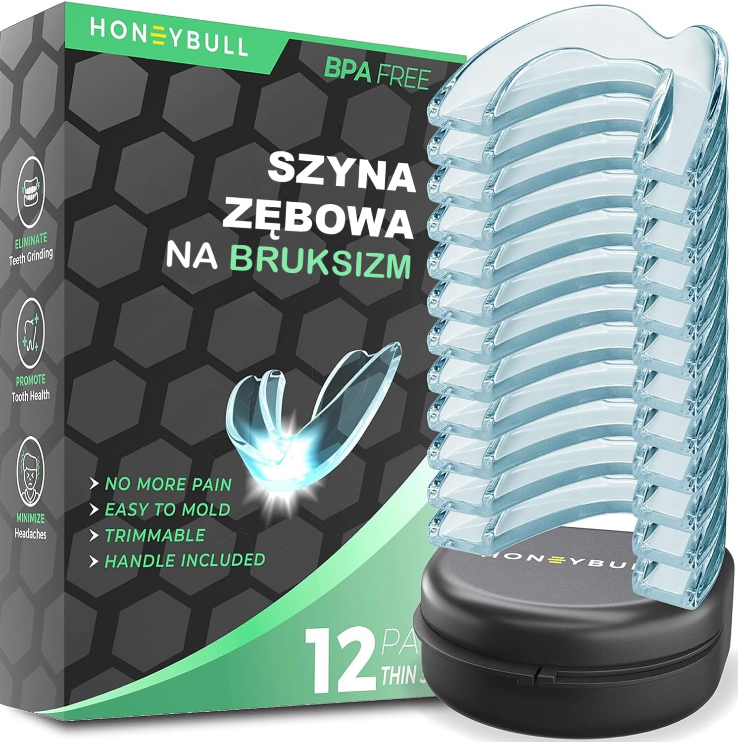 HONEYBULL Ochraniacz na Zęby przeciw Zgrzytaniu, na Lekkie i Silne Zgrzytanie | Komfortowa Nakładka na Noc, Bruksizm i Wybielanie Zębów, (Cienki, 12, sztuk)