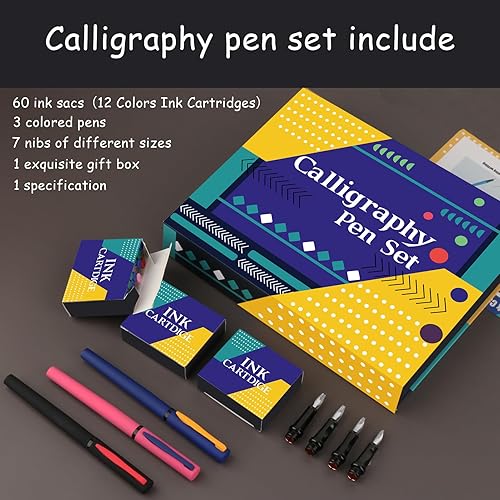 Miniatura 3 de Juego de bolígrafos de caligrafía, plumas estilográficas de caligrafía con 7 puntas reemplazables diferentes con 60 cartuchos de tinta (12 colores),