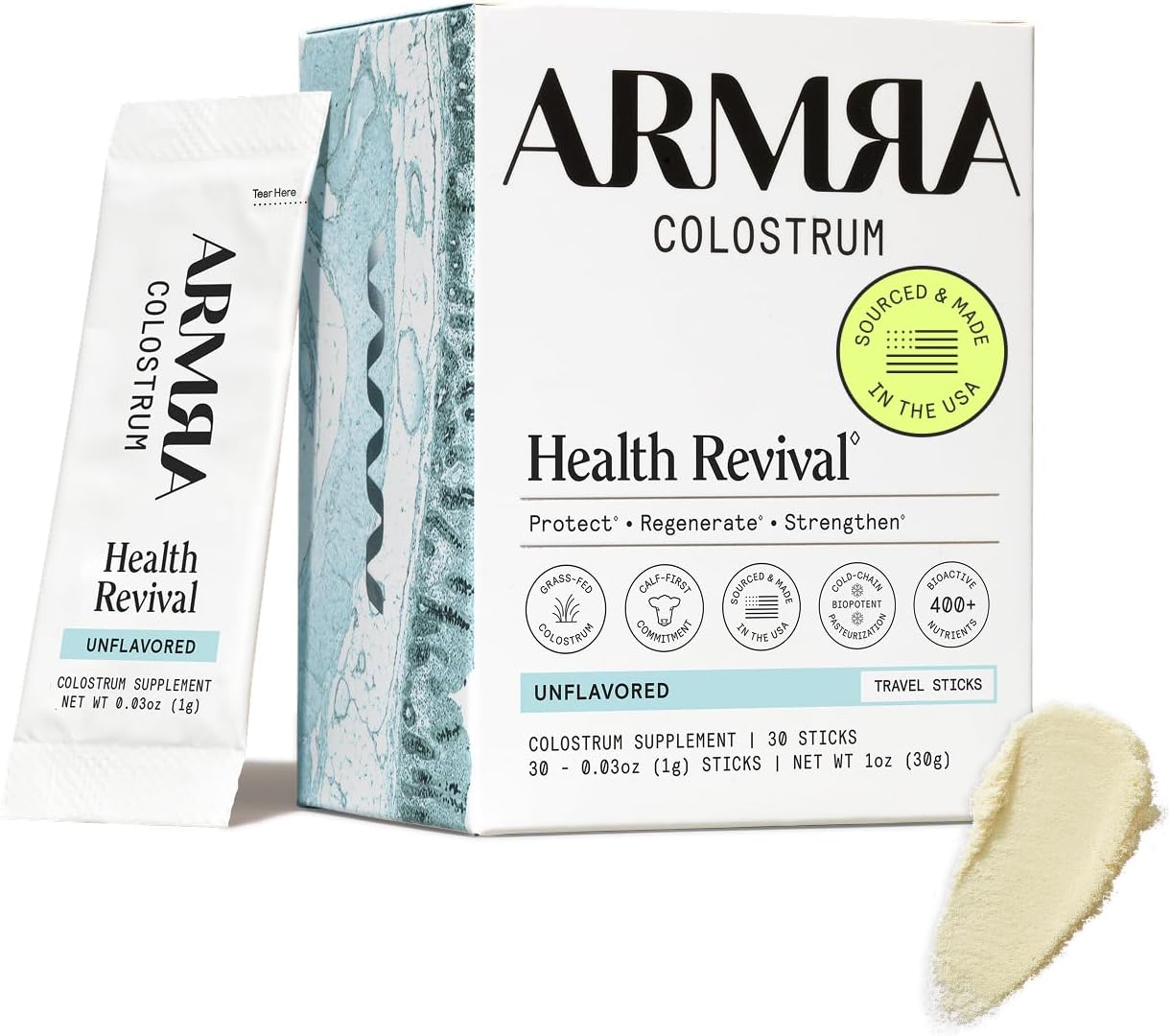 ARMRA - Complete Gut Superfood | Naturally Combats Bloating, Heaviness, Constipation | Physician-Developed | 200+ Nutrients | Prebiotics, Antioxidants, Peptides | Patented, Pure Colostrum | 30 Packets