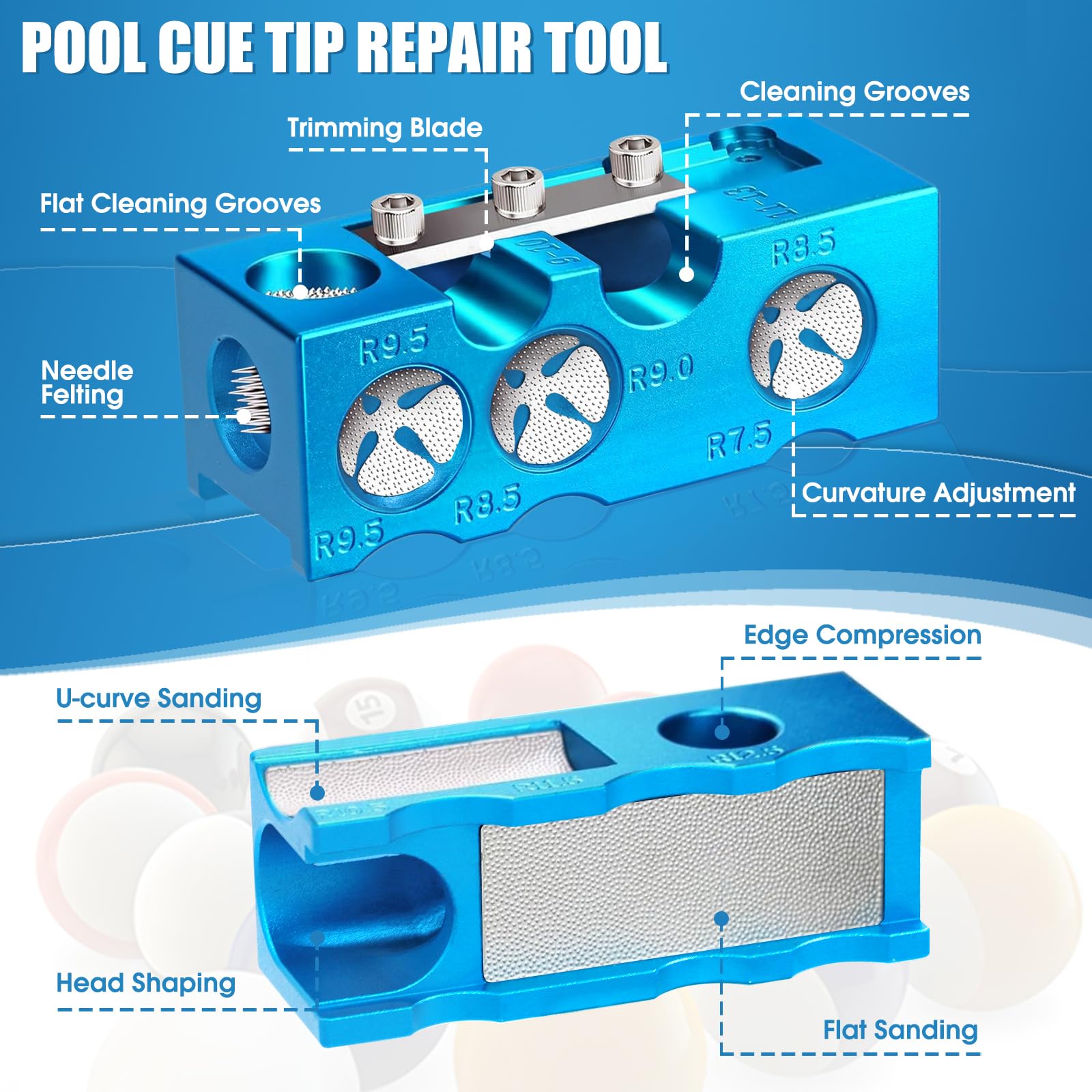 JAC HouseHold 11-in-1 Billiards Pool Cue Tips Shaper,Upgraded Aluminum Alloy Pool Cue Tips Replacement Kit Professional Cue Stick Tool,Pool Cue Accessories for Replacement and Shaping Cue Tips