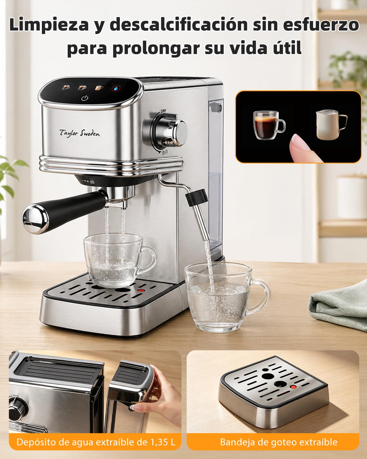Taylor Swoden Cafetera Espresso 20 Bares, 1450w para Café y Cápsulas, Inox | Función Memoria, LED Touch Pantalla, Agua Caliente, Autolimpieza y Diseño Compacto, Depósito de 1.3 L, Cafetera Capsulas