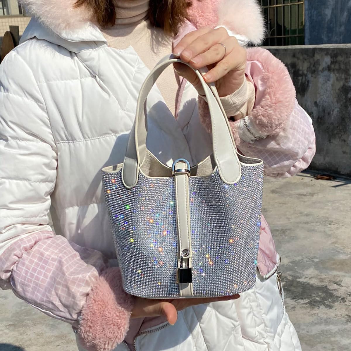 Luxury Platinum Water Drill Bucket Bag - Sparkling Rhinestone Handbag with Single Shoulder Crossbody Strap