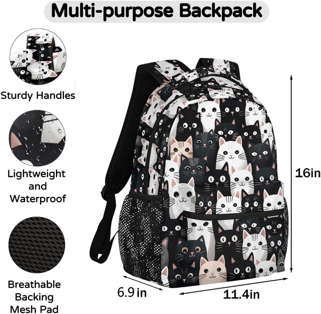 Black White Cat Backpack for Women Men Kids 16 Inch Laptop Backpack Lightweight Travel Backpack Purse Casual Daypack School Backpacks for Girls Boys - Image 2