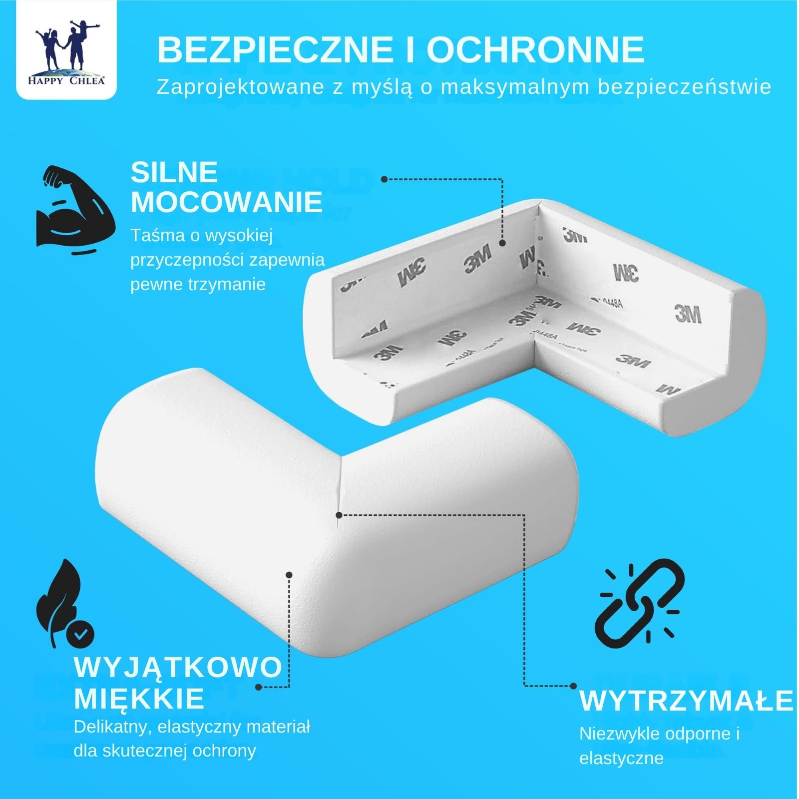 Happy Chlea® 20 x Zabezpieczenie Krawędzi dla Niemowląt z Technologią Aktywnej Pianki, Miękkich Ochraniaczy Narożnych dla Dzieci Oraz 2 Blokady do Szuflad, Stołów, Mebli (Biały)