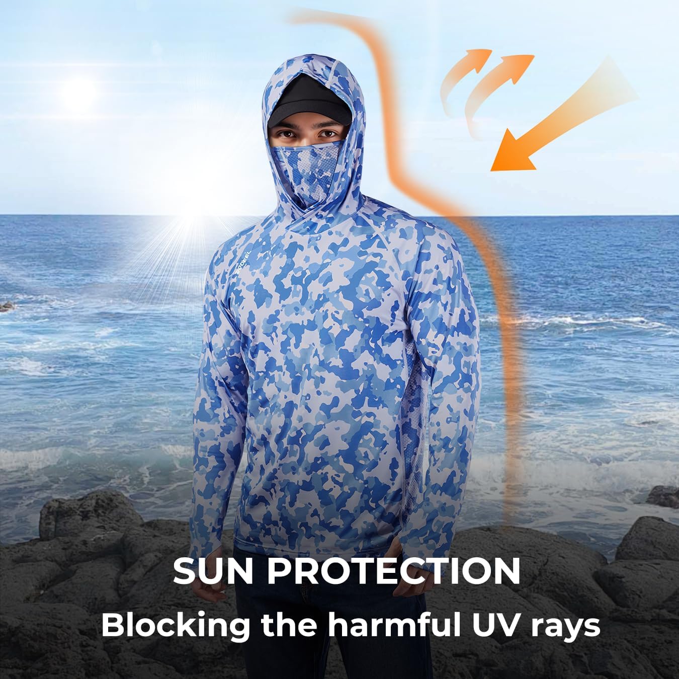 Rodeel UPF 50+ Men’s Long Sleeve Performance Fishing Hiking Shirt with Mask UV Neck Gaiter Hoodie