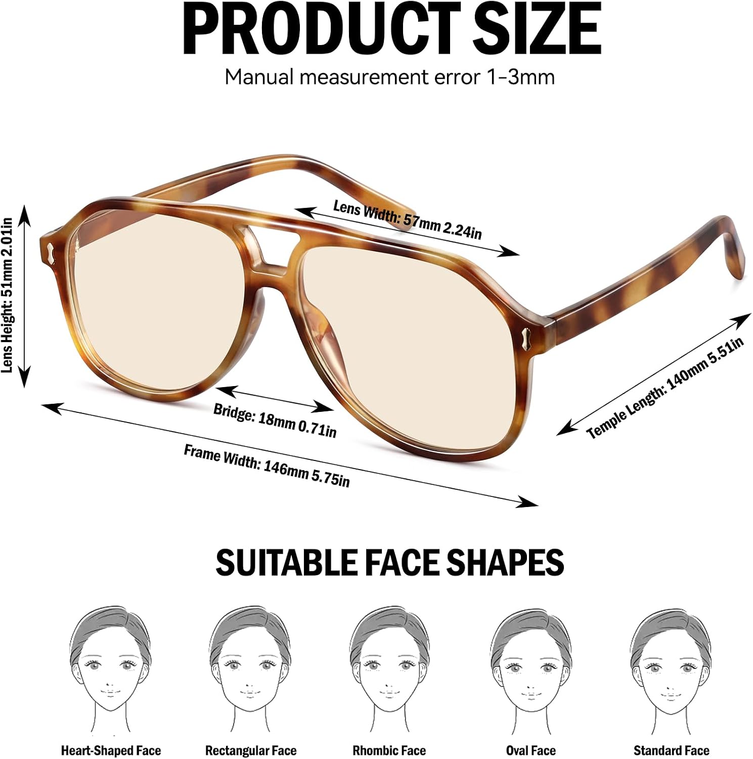 Oversized Aviator Sunglasses for Women, Retro 70s Square Thick Frame Glasses with Double Bridge